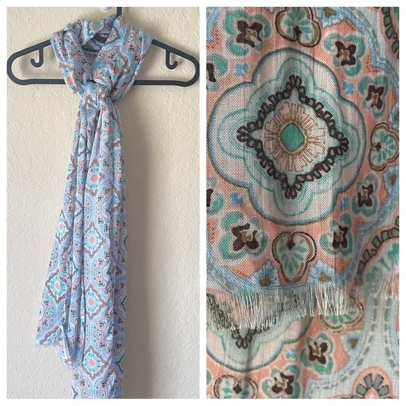 Talbots | Women's Boho Colorful 100% Viscose Fringe Scarf Blue PInk - Picture 1 of 5